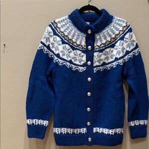 Blue Patterned Hand Knit Women's Sweater